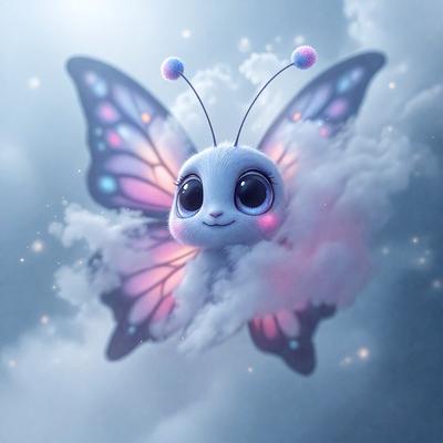 The primary subject of the image is a cute, colorful butterfly with big eyes. The butterfly is flying through a cloudy sky, which serves as the setting and background of the scene. The visual style of the image is digital art, as it appears to be a digital illustration or drawing. The dominant colors in the image are pink, purple, and blue, creating a cheerful and whimsical atmosphere.